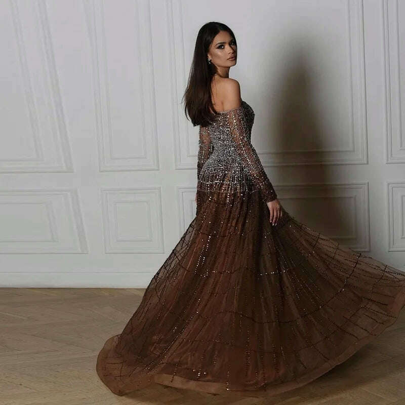 Sharon Said Luxury Dubai Brown Off Shoulder Evening Dresses Long Sleeve Elegant Arabic Women Wedding Party Dress Prom Gown SS022 - KIMLUD