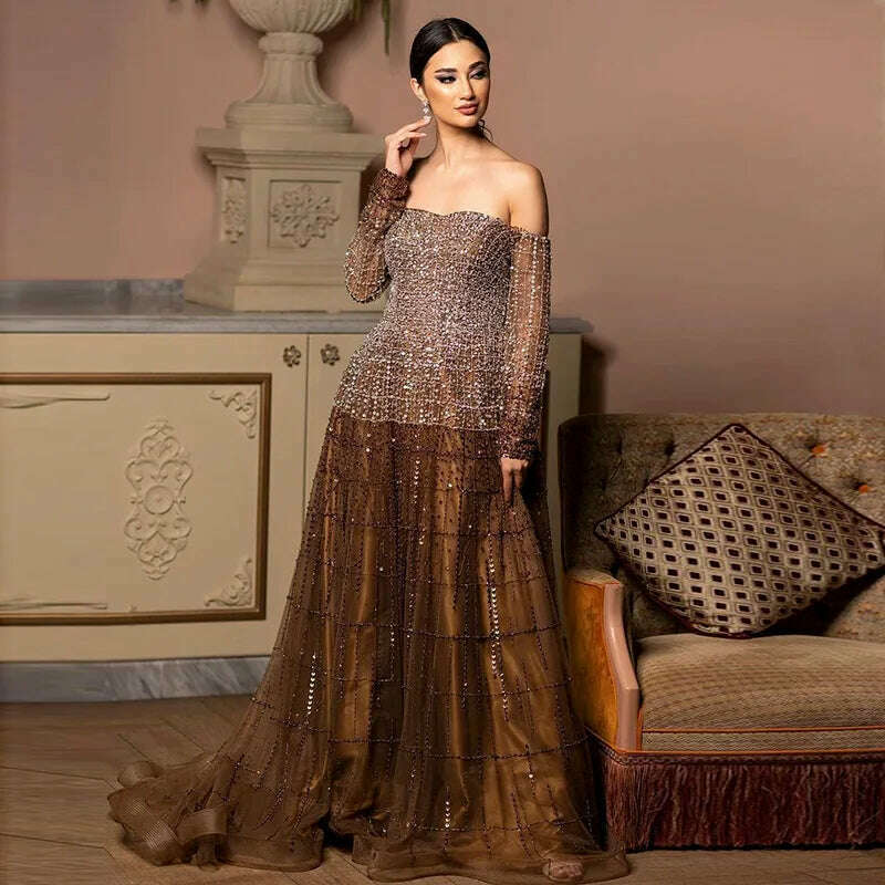 Sharon Said Luxury Dubai Brown Off Shoulder Evening Dresses Long Sleeve Elegant Arabic Women Wedding Party Dress Prom Gown SS022 - KIMLUD