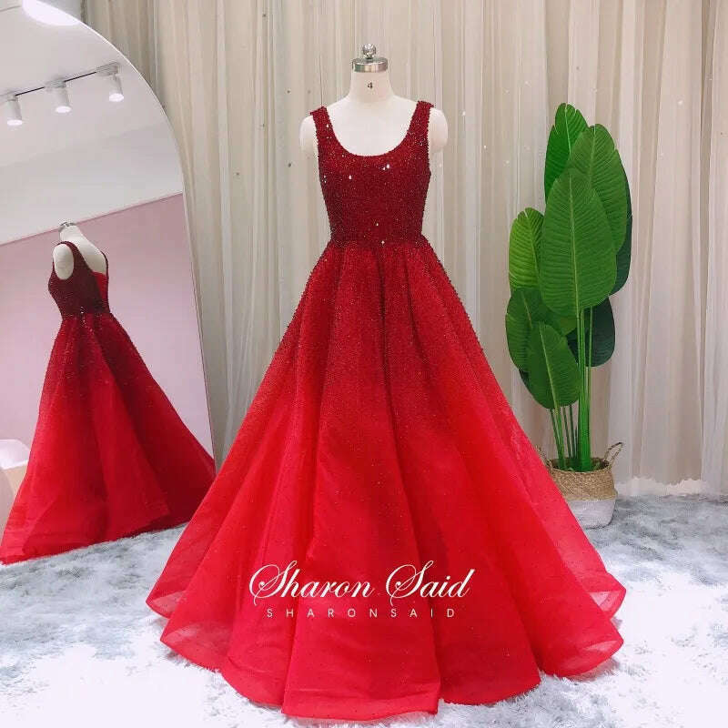 KIMLUD, Sharon Said Luxury Dubai Burgundy Sparkly Crystal Ball Gown Gold Evening Dresses Party Dress Prom Gowns for Women Wedding SS208, Burgundy / 2, KIMLUD Women's Clothes