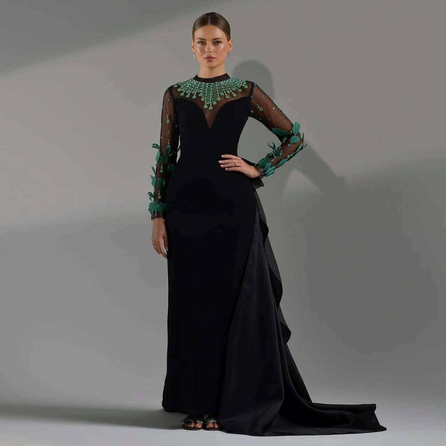 KIMLUD, Sharon Said Luxury Dubai Emerald Green Feathers Black Evening Dress Long Sleeves Saudi Arabia Women Formal Party Gowns SS457, KIMLUD Womens Clothes