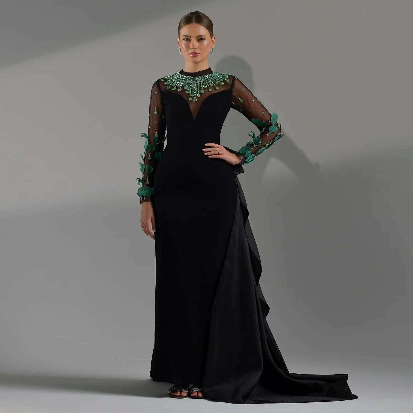 Sharon Said Luxury Dubai Emerald Green Feathers Black Evening Dress Long Sleeves Saudi Arabia Women Formal Party Gowns SS457 - KIMLUD