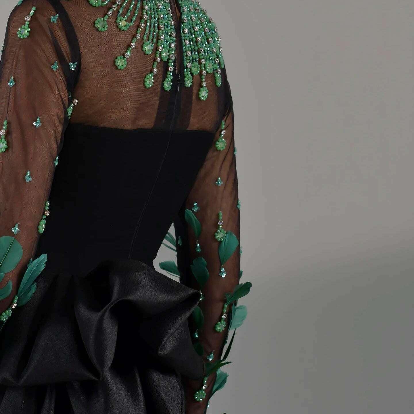 Sharon Said Luxury Dubai Emerald Green Feathers Black Evening Dress Long Sleeves Saudi Arabia Women Formal Party Gowns SS457 - KIMLUD