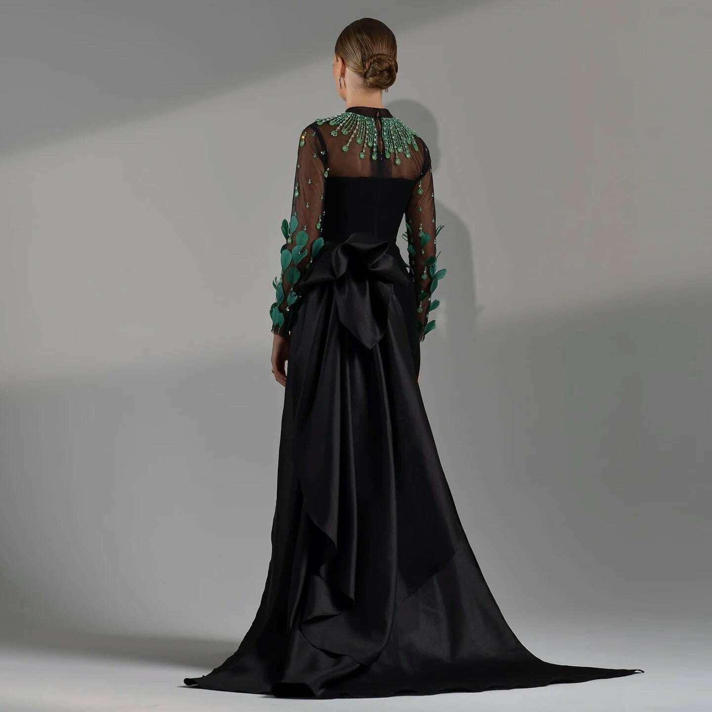 KIMLUD, Sharon Said Luxury Dubai Emerald Green Feathers Black Evening Dress Long Sleeves Saudi Arabia Women Formal Party Gowns SS457, KIMLUD Womens Clothes