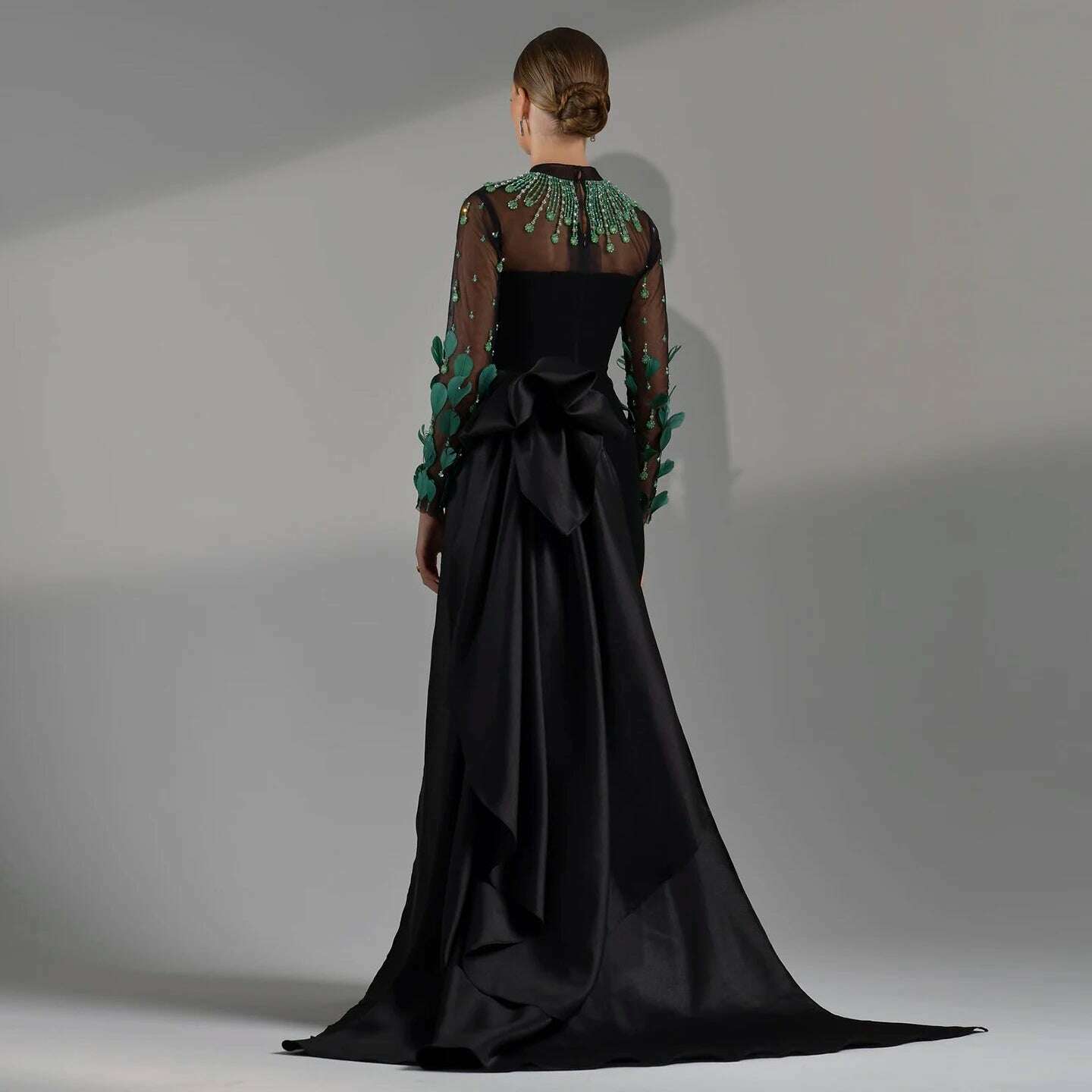 Sharon Said Luxury Dubai Emerald Green Feathers Black Evening Dress Long Sleeves Saudi Arabia Women Formal Party Gowns SS457 - KIMLUD