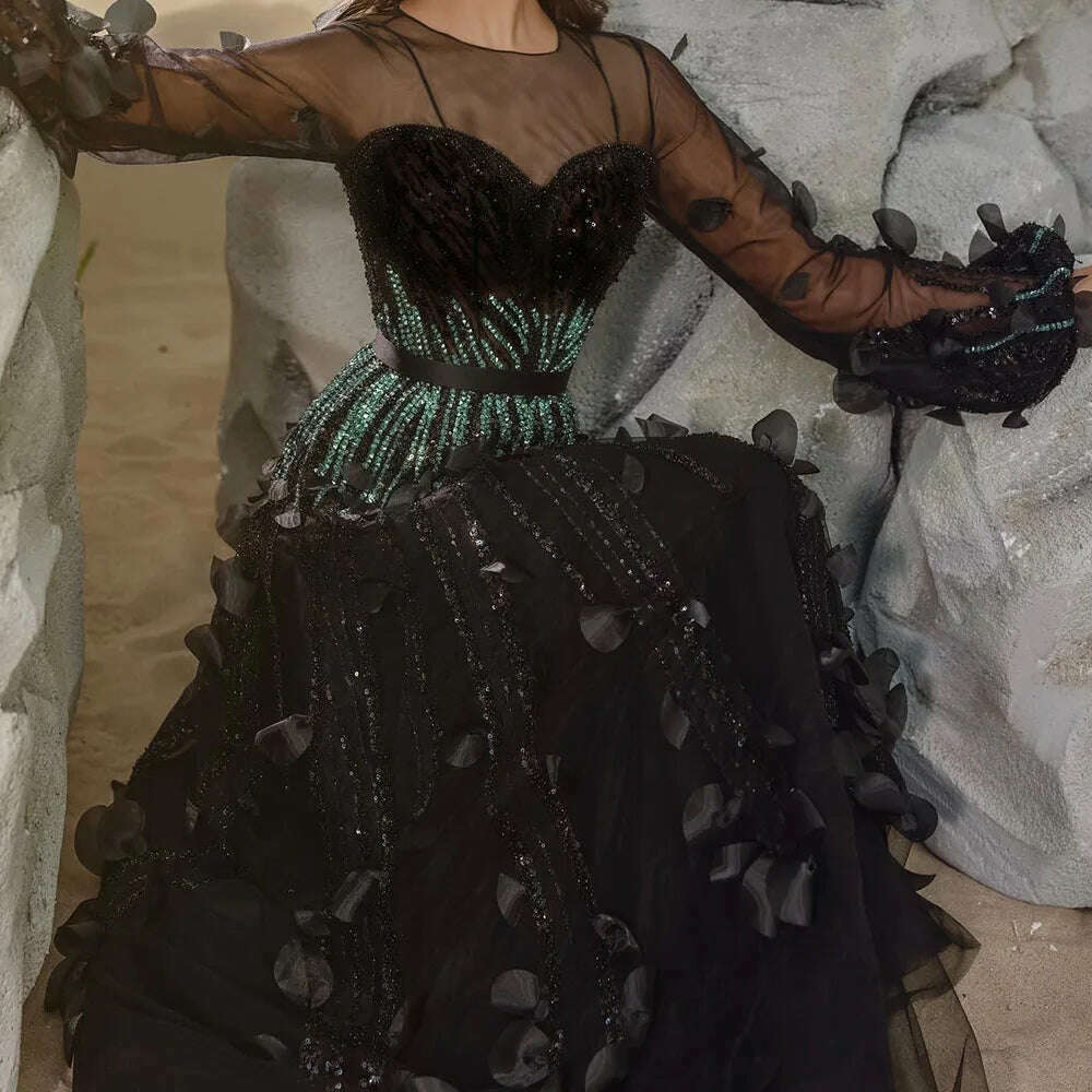 KIMLUD, Sharon Said Luxury Dubai Emerald Green Feathers Black Evening Dress Long Sleeves Saudi Arabia Women Formal Party Gowns, KIMLUD Womens ClothesKIMLUD, Sharon Said Luxury Dubai Emerald Green Feathers Black Evening Dress Long Sleeves Saudi Arabia Women Formal Party Gowns, black / 2 / CHINA, KIMLUD APPAREL - Womens Clothes