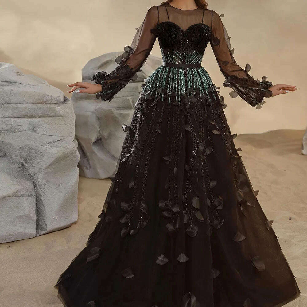 KIMLUD, Sharon Said Luxury Dubai Emerald Green Feathers Black Evening Dress Long Sleeves Saudi Arabia Women Formal Party Gowns, KIMLUD Womens Clothes