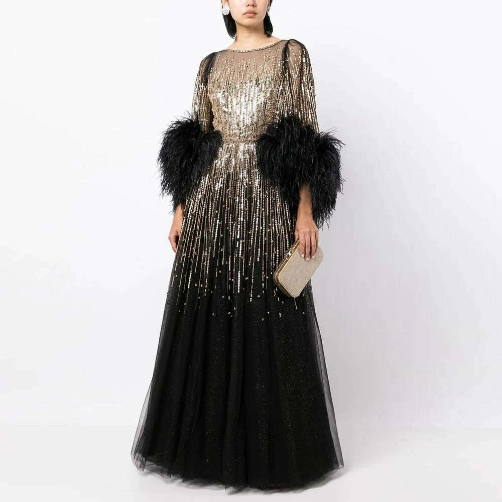 KIMLUD, Sharon Said Luxury Dubai Feathers Black Evening Dresses for Women Elegant Fuchsia Arabic Half Sleeve Wedding Party Gowns SS339, KIMLUD Women's Clothes