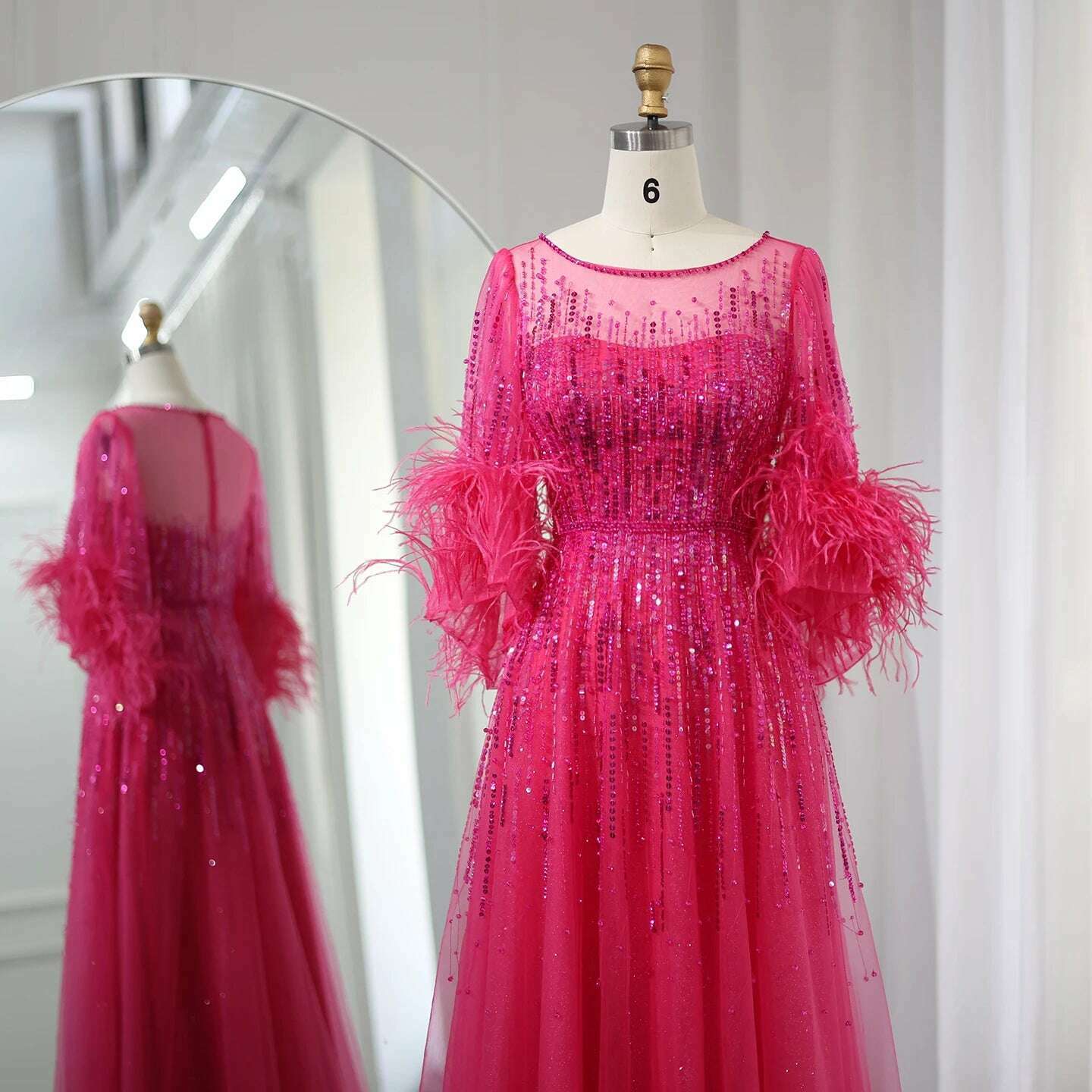KIMLUD, Sharon Said Luxury Dubai Feathers Black Evening Dresses for Women Elegant Fuchsia Arabic Half Sleeve Wedding Party Gowns SS339, KIMLUD Womens Clothes