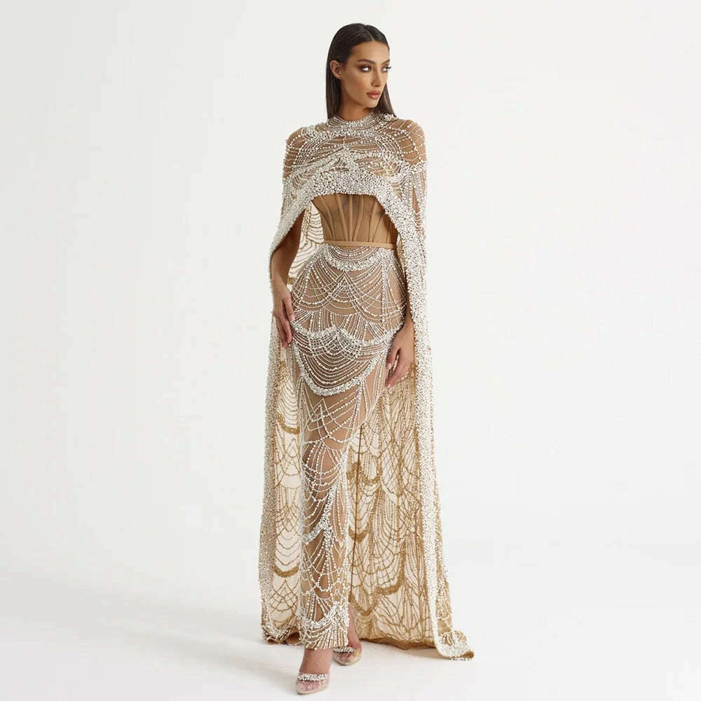Sharon Said Luxury Pearls Dubai Champagne Evening Dresses with Cape 2023 New Arabic Women Mermaid Wedding Party Prom Dress SS369 - KIMLUD