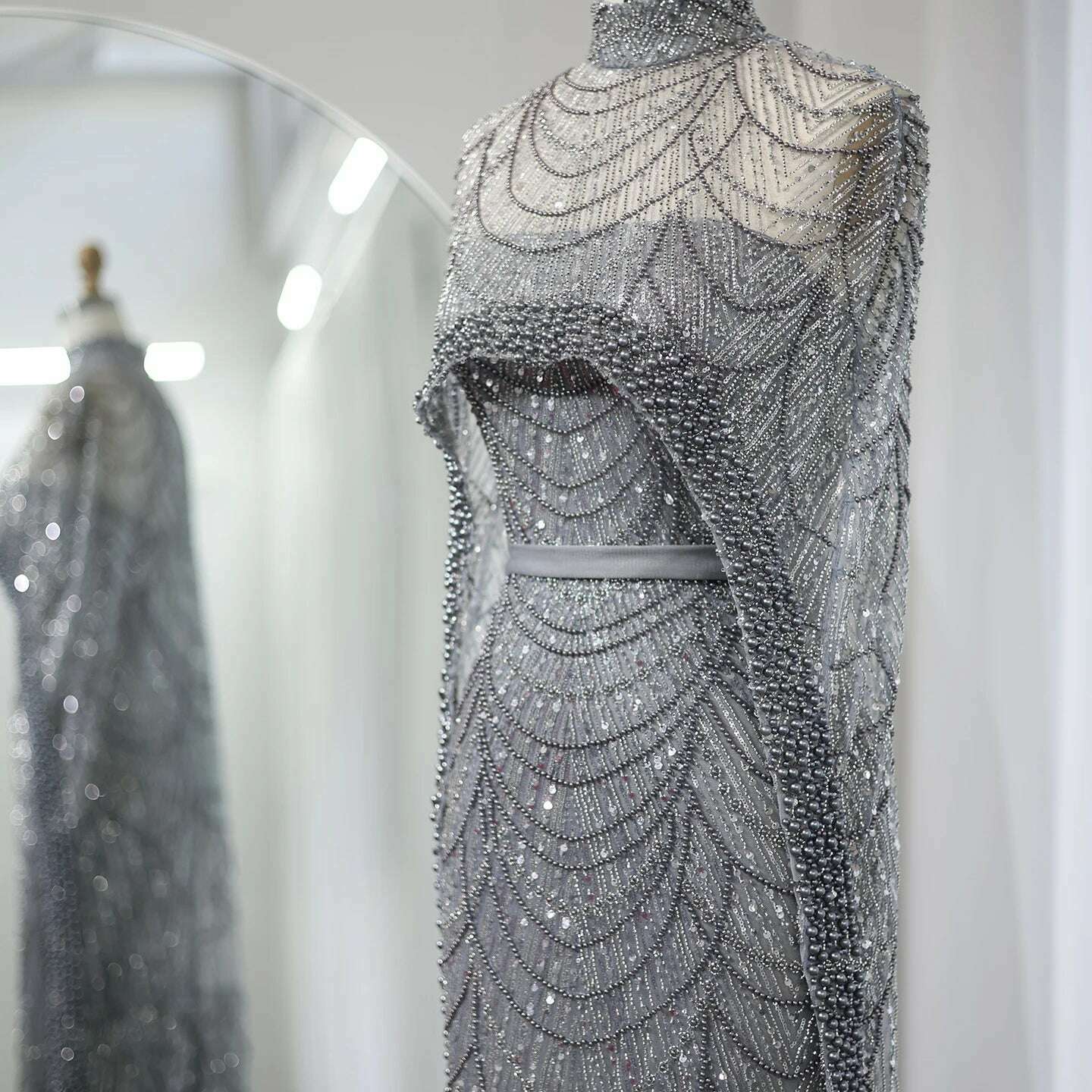 Sharon Said Luxury Pearls Dubai Champagne Evening Dresses with Cape 2023 New Arabic Women Mermaid Wedding Party Prom Dress SS369 - KIMLUD