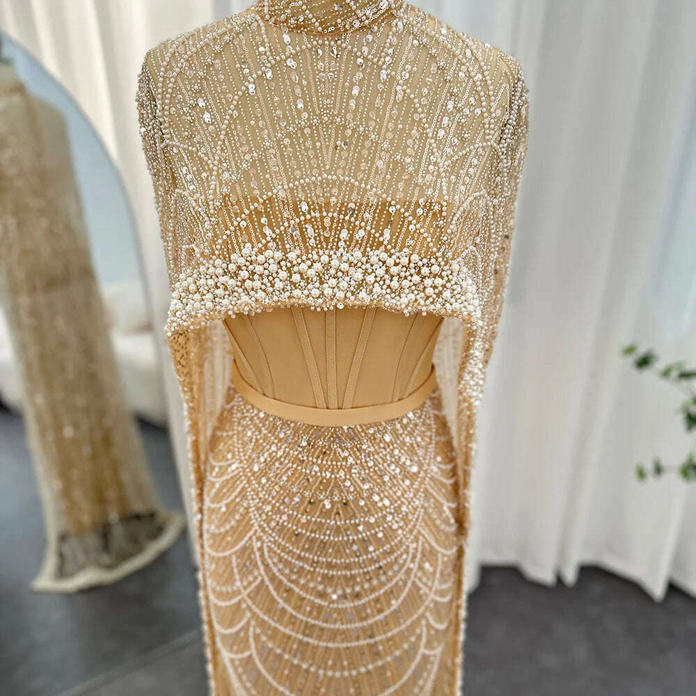 Sharon Said Luxury Pearls Dubai Champagne Evening Dresses with Cape 2023 New Arabic Women Mermaid Wedding Party Prom Dress SS369 - KIMLUD