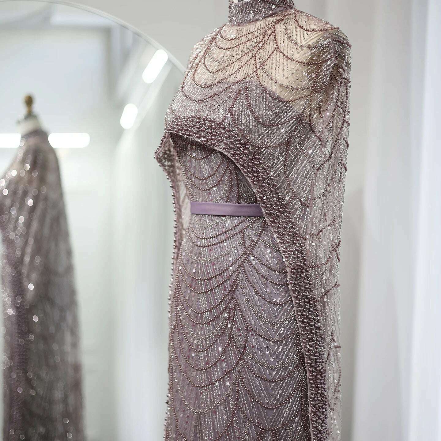 Sharon Said Luxury Pearls Dubai Champagne Evening Dresses with Cape 2023 New Arabic Women Mermaid Wedding Party Prom Dress SS369 - KIMLUD