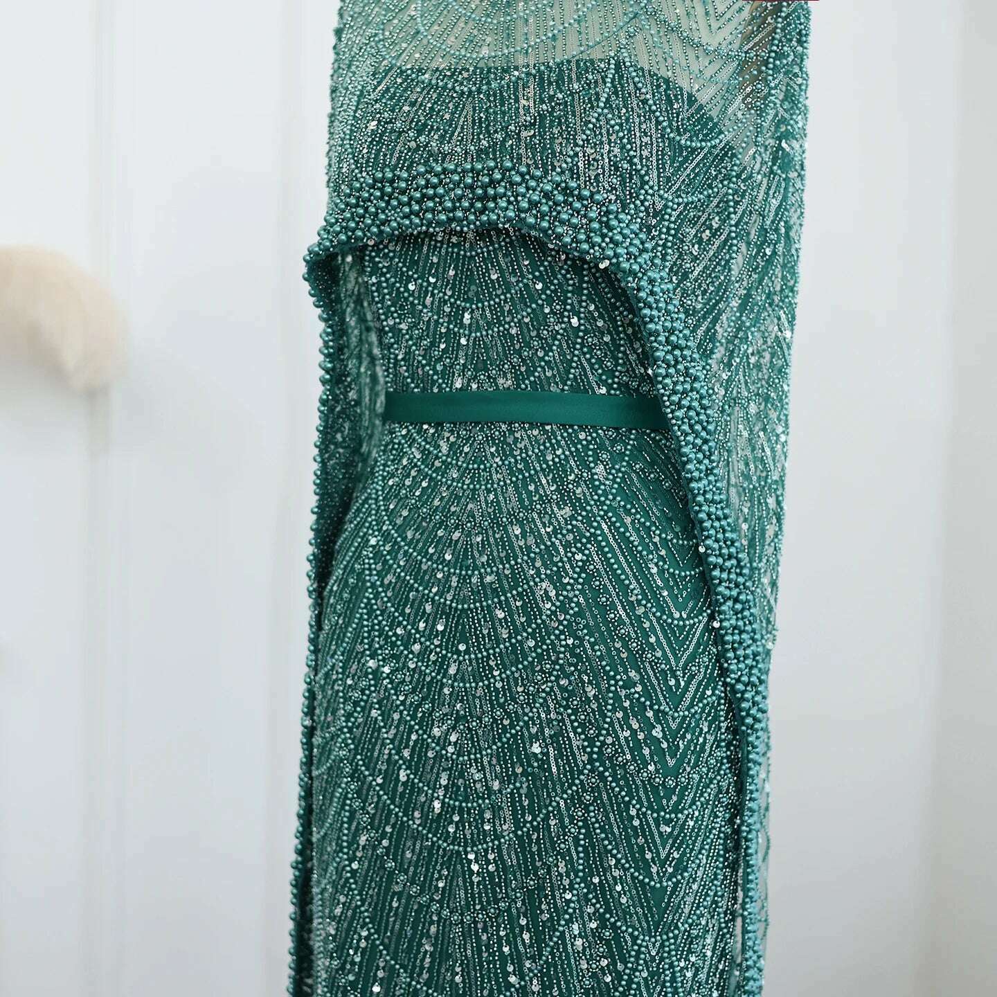 Sharon Said Luxury Pearls Dubai Champagne Evening Dresses with Cape 2023 New Arabic Women Mermaid Wedding Party Prom Dress SS369 - KIMLUD