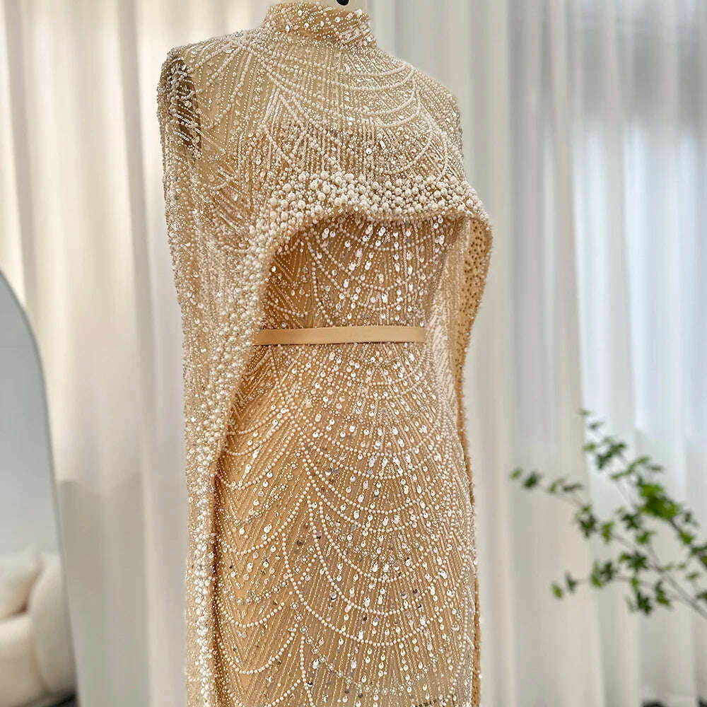 Sharon Said Luxury Pearls Dubai Champagne Evening Dresses with Cape 2023 New Arabic Women Mermaid Wedding Party Prom Dress SS369 - KIMLUD