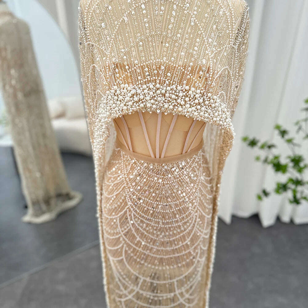 Sharon Said Luxury Pearls Dubai Champagne Evening Dresses with Cape 2023 New Arabic Women Mermaid Wedding Party Prom Dress SS369 - KIMLUD