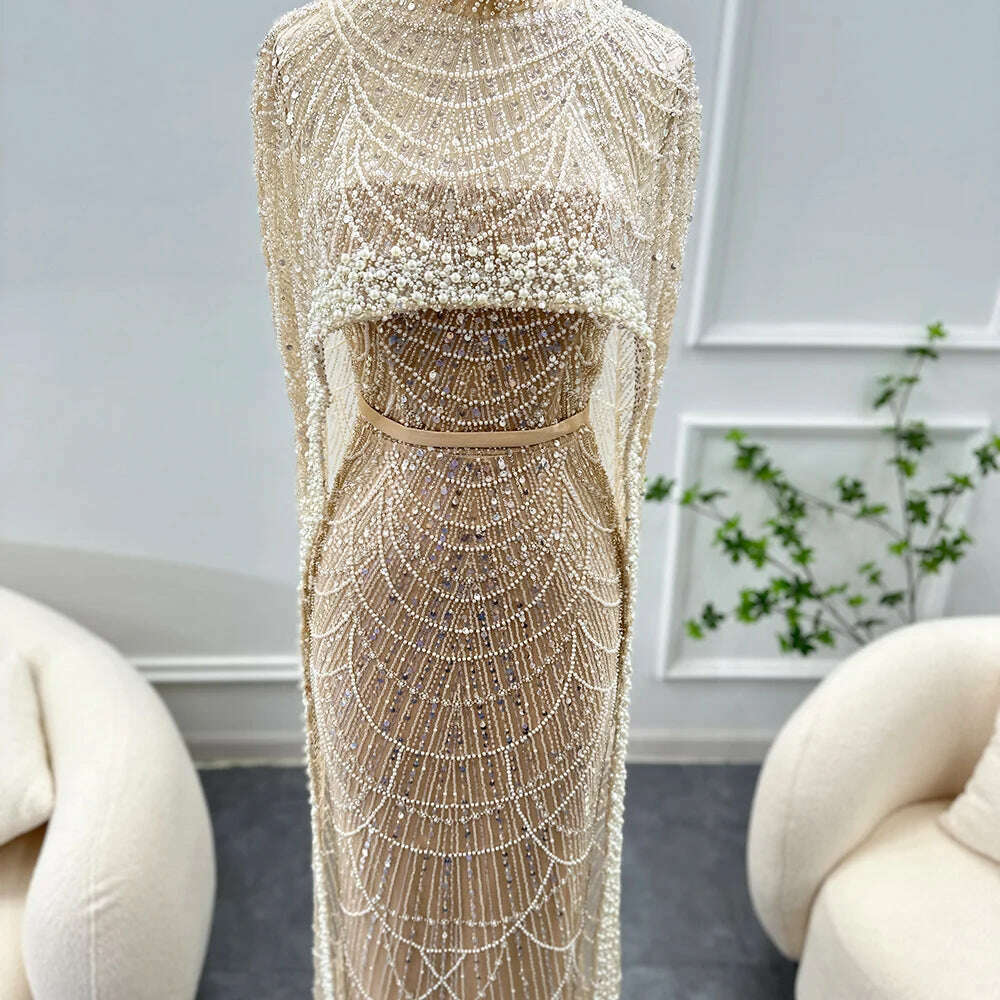 Sharon Said Luxury Pearls Dubai Champagne Evening Dresses with Cape 2023 New Arabic Women Mermaid Wedding Party Prom Dress SS369 - KIMLUD