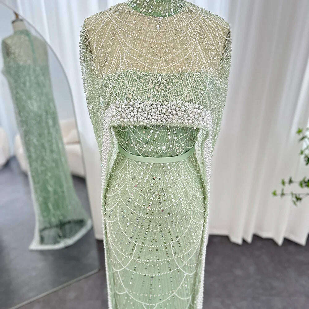 Sharon Said Luxury Pearls Dubai Champagne Evening Dresses with Cape 2023 New Arabic Women Mermaid Wedding Party Prom Dress SS369 - KIMLUD