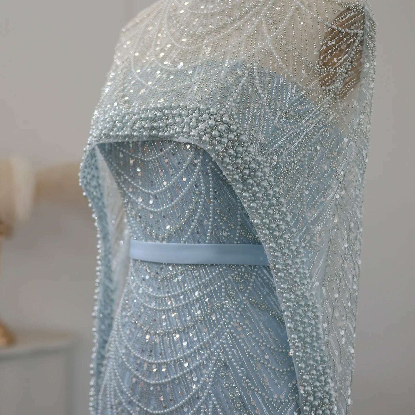 Sharon Said Luxury Pearls Dubai Champagne Evening Dresses with Cape 2023 New Arabic Women Mermaid Wedding Party Prom Dress SS369 - KIMLUD