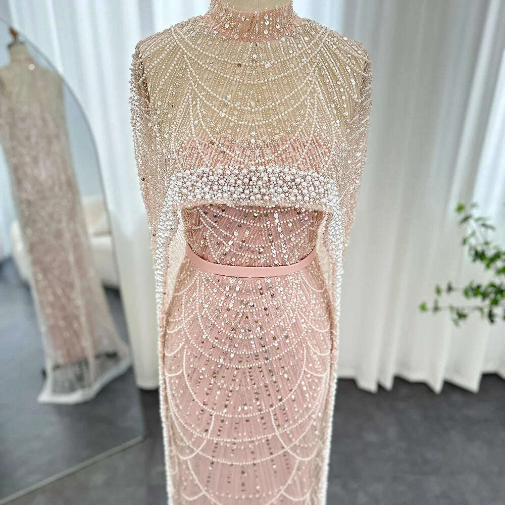 Sharon Said Luxury Pearls Dubai Champagne Evening Dresses with Cape 2023 New Arabic Women Mermaid Wedding Party Prom Dress SS369 - KIMLUD
