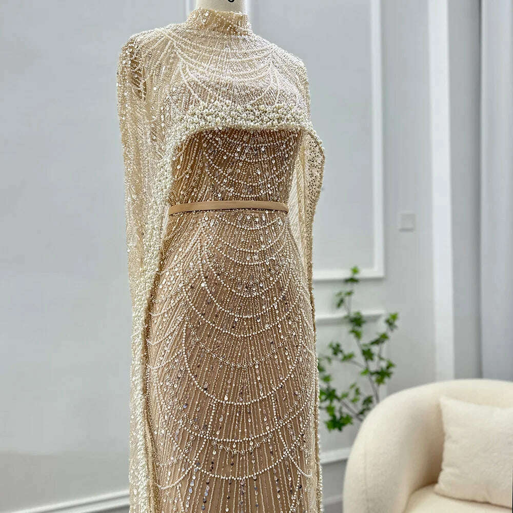 Sharon Said Luxury Pearls Dubai Champagne Evening Dresses with Cape 2023 New Arabic Women Mermaid Wedding Party Prom Dress SS369 - KIMLUD
