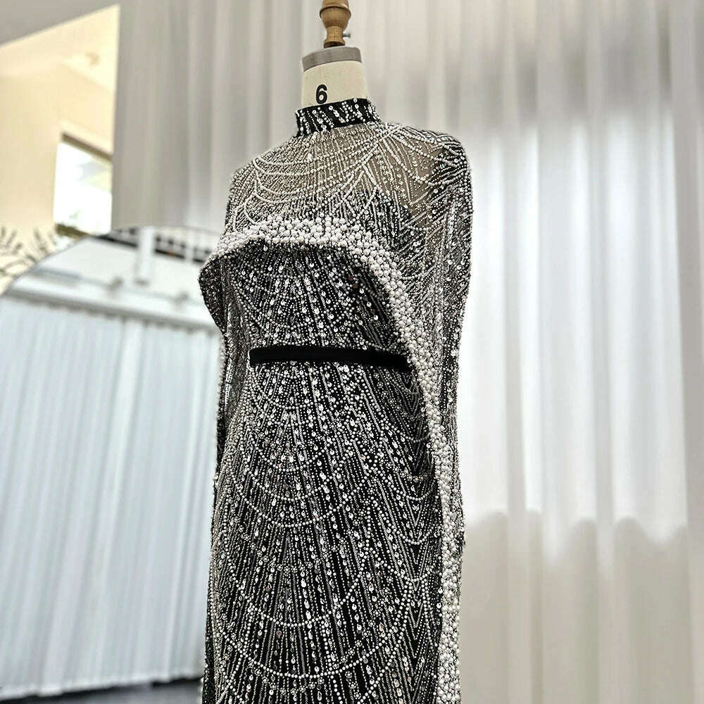 Sharon Said Luxury Pearls Dubai Champagne Evening Dresses with Cape 2023 New Arabic Women Mermaid Wedding Party Prom Dress SS369 - KIMLUD