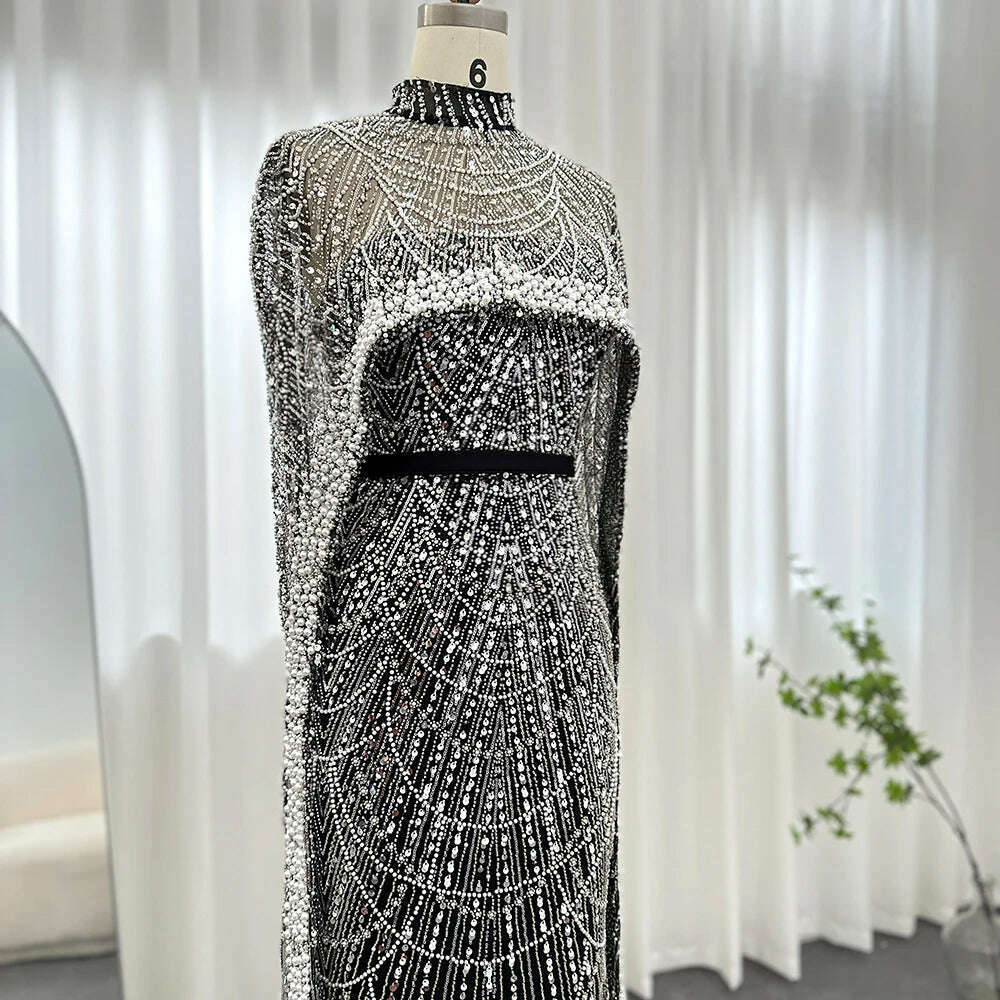Sharon Said Luxury Pearls Dubai Champagne Evening Dresses with Cape 2023 New Arabic Women Mermaid Wedding Party Prom Dress SS369 - KIMLUD