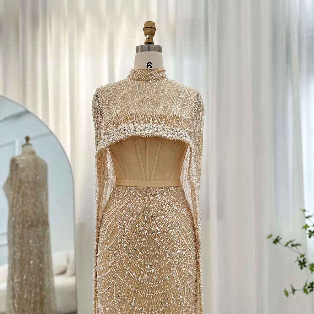 Sharon Said Luxury Pearls Dubai Champagne Evening Dresses with Cape 2023 New Arabic Women Mermaid Wedding Party Prom Dress SS369 - KIMLUD