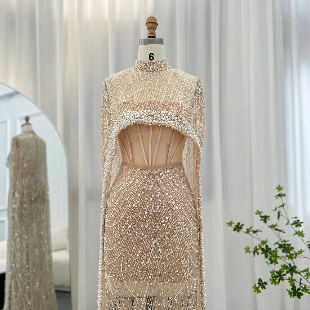 Sharon Said Luxury Pearls Dubai Champagne Evening Dresses with Cape 2023 New Arabic Women Mermaid Wedding Party Prom Dress SS369 - KIMLUD