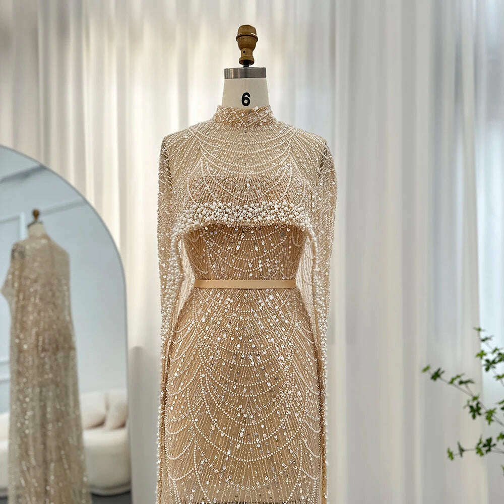 Sharon Said Luxury Pearls Dubai Champagne Evening Dresses with Cape 2023 New Arabic Women Mermaid Wedding Party Prom Dress SS369 - KIMLUD