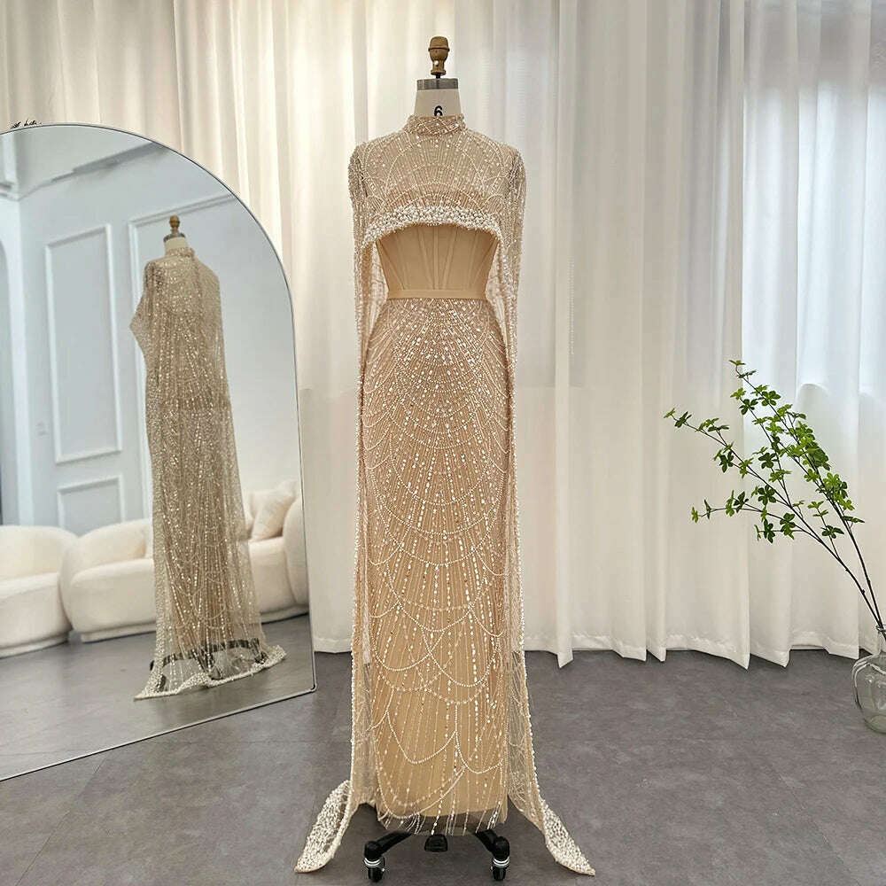 Sharon Said Luxury Pearls Dubai Champagne Evening Dresses with Cape 2023 New Arabic Women Mermaid Wedding Party Prom Dress SS369 - KIMLUD