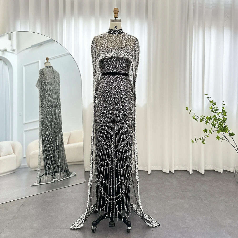 Sharon Said Luxury Pearls Dubai Champagne Evening Dresses with Cape 2023 New Arabic Women Mermaid Wedding Party Prom Dress SS369 - KIMLUD