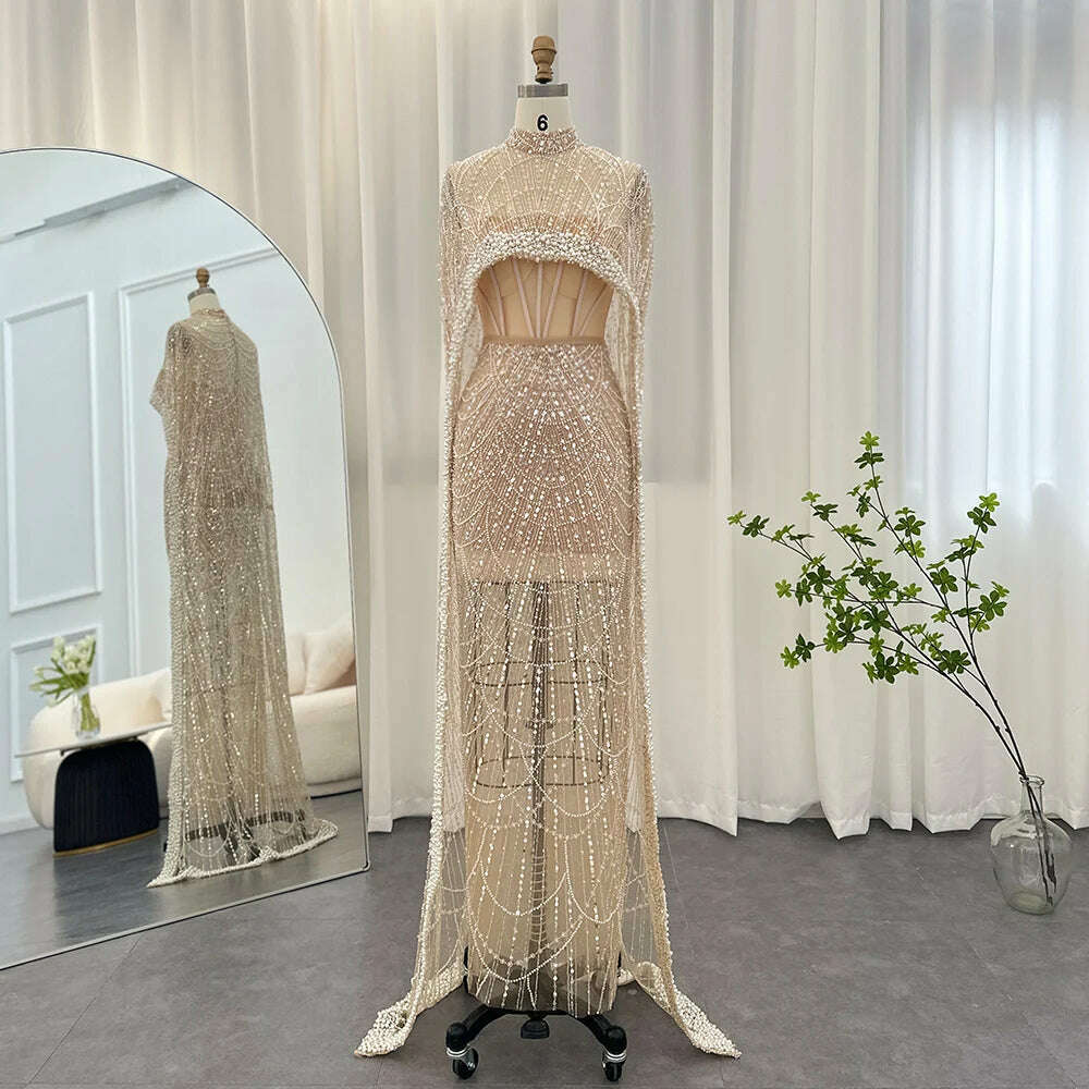 Sharon Said Luxury Pearls Dubai Champagne Evening Dresses with Cape 2023 New Arabic Women Mermaid Wedding Party Prom Dress SS369 - KIMLUD