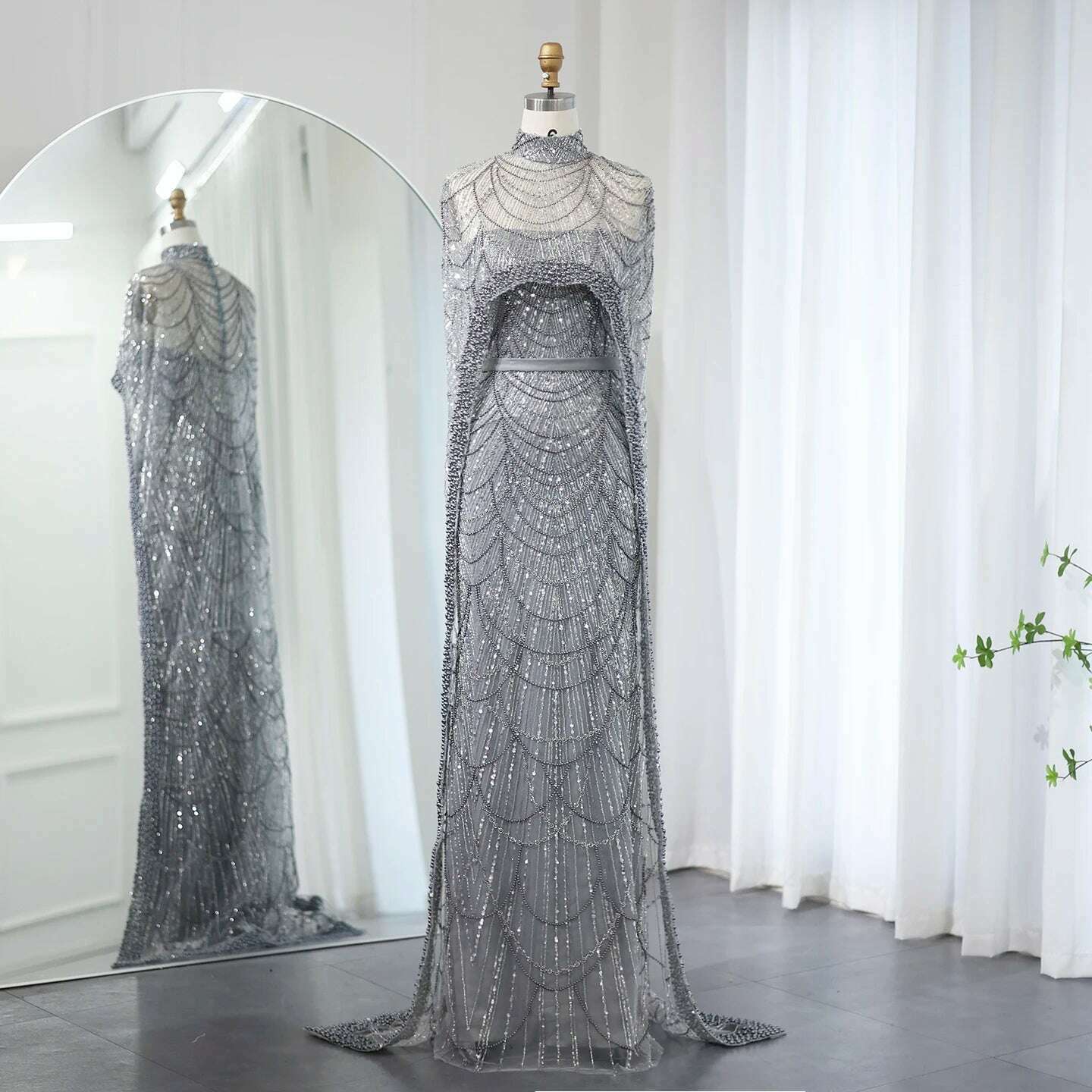 Sharon Said Luxury Pearls Dubai Champagne Evening Dresses with Cape 2023 New Arabic Women Mermaid Wedding Party Prom Dress SS369 - KIMLUD