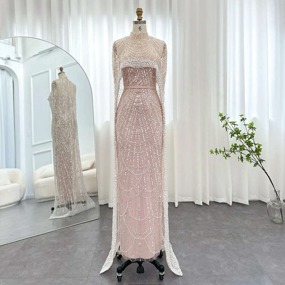 Sharon Said Luxury Pearls Dubai Champagne Evening Dresses with Cape 2023 New Arabic Women Mermaid Wedding Party Prom Dress SS369 - KIMLUD