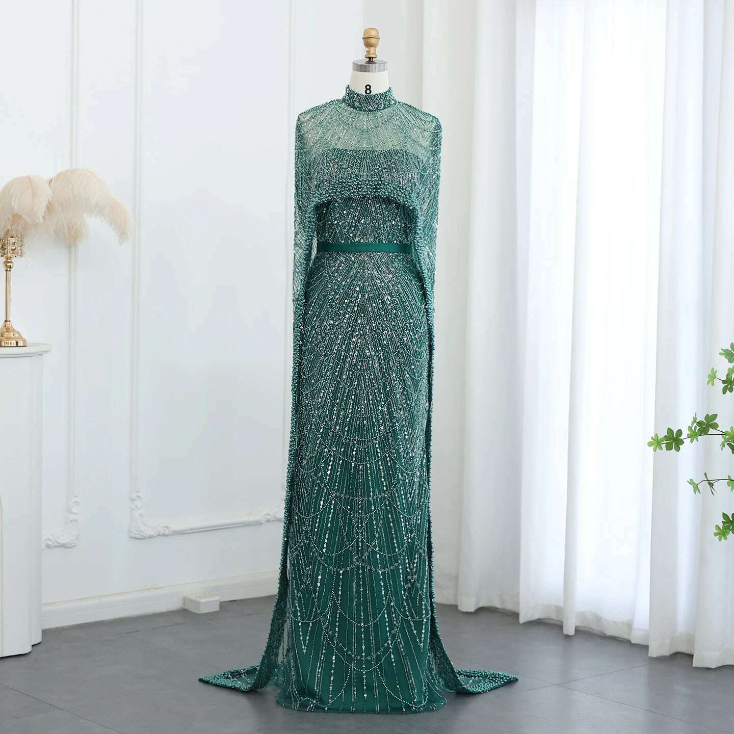 Sharon Said Luxury Pearls Dubai Champagne Evening Dresses with Cape 2023 New Arabic Women Mermaid Wedding Party Prom Dress SS369 - KIMLUD