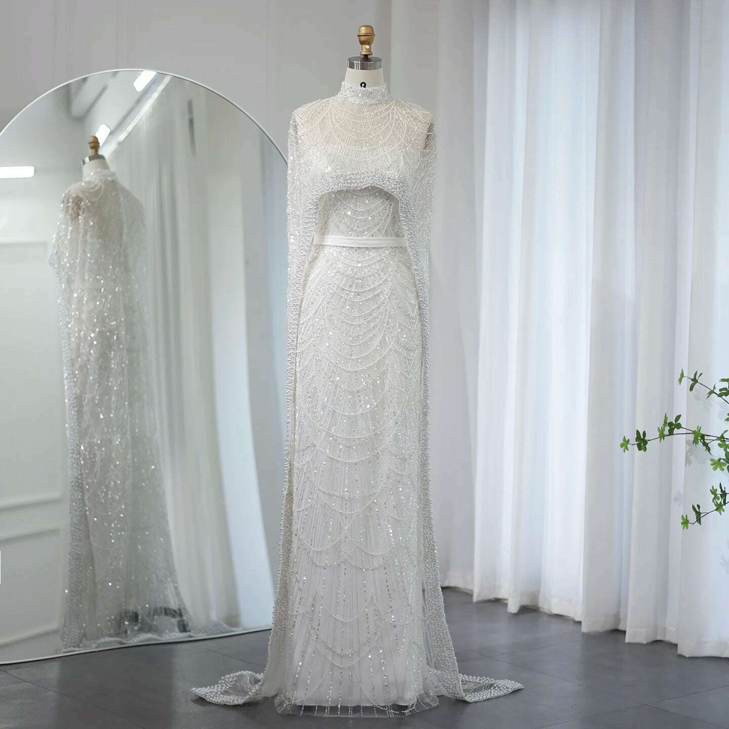 Sharon Said Luxury Pearls Dubai Champagne Evening Dresses with Cape 2023 New Arabic Women Mermaid Wedding Party Prom Dress SS369 - KIMLUD