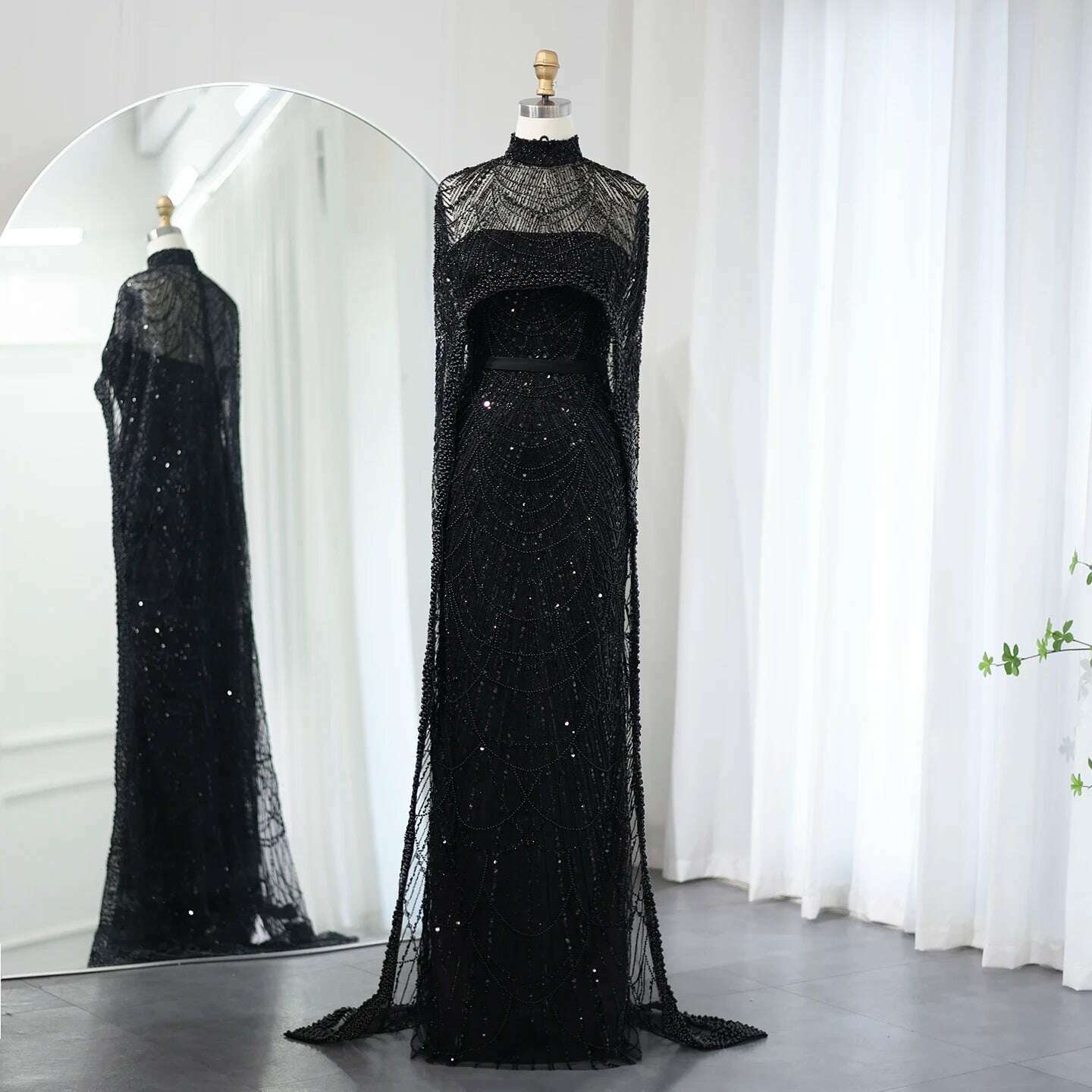 Sharon Said Luxury Pearls Dubai Champagne Evening Dresses with Cape 2023 New Arabic Women Mermaid Wedding Party Prom Dress SS369 - KIMLUD