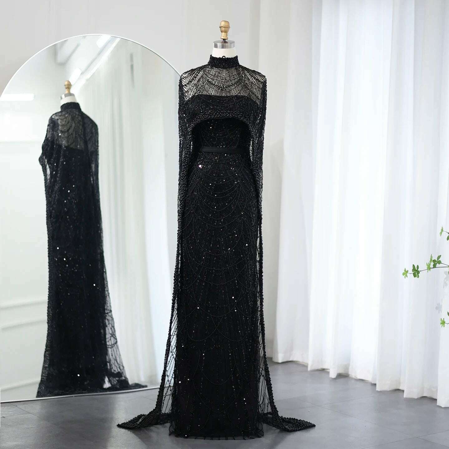 KIMLUD, Sharon Said Luxury Pearls Dubai Champagne Evening Dresses with Cape 2023 New Arabic Women Mermaid Wedding Party Prom Dress SS369, Pure Black / 2 / CHINA, KIMLUD Womens Clothes