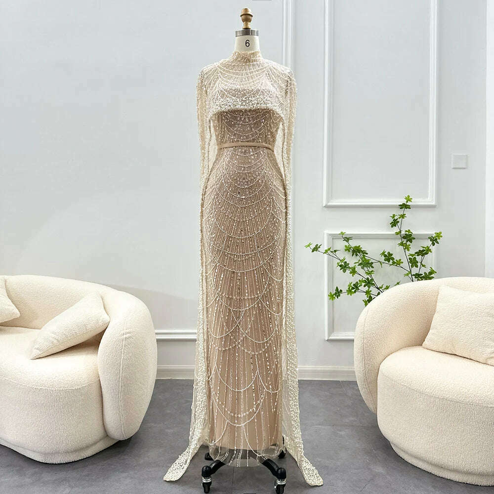 Sharon Said Luxury Pearls Dubai Champagne Evening Dresses with Cape 2023 New Arabic Women Mermaid Wedding Party Prom Dress SS369 - KIMLUD
