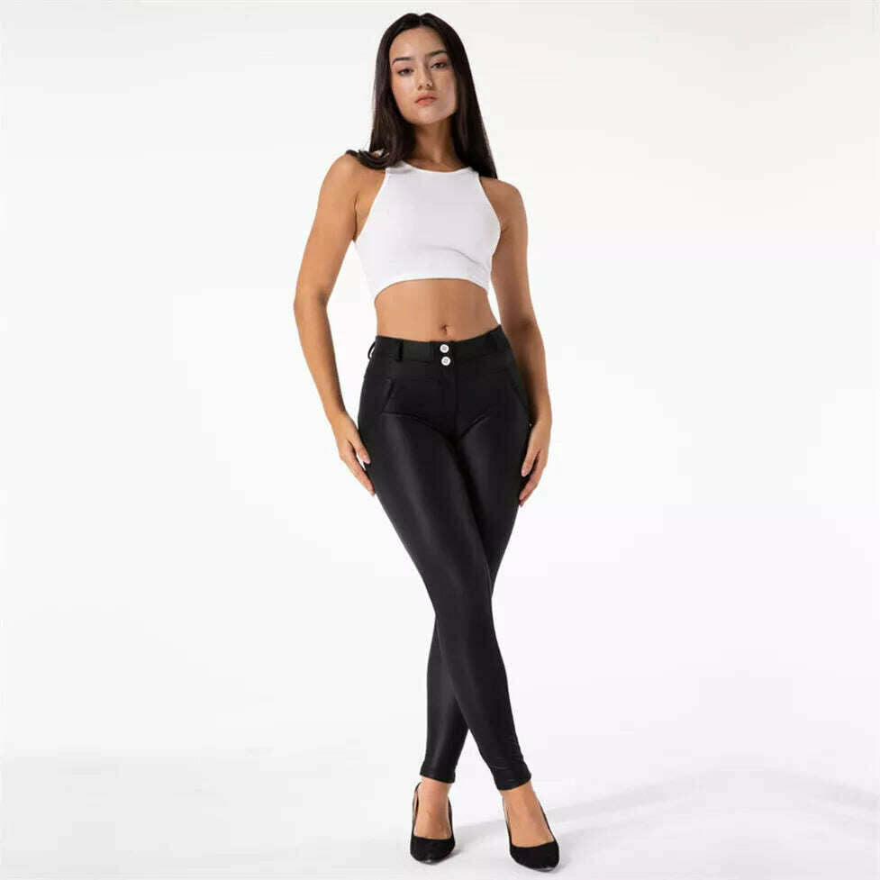 Shascullfites Melody Black Pleather Pants Womens Heat Fleece Lined Leggings Pu Skinny Push Up Trousers - KIMLUD
