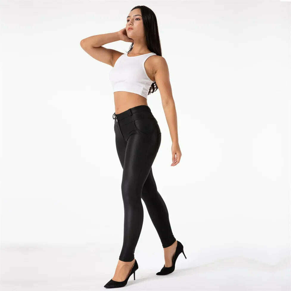 Shascullfites Melody Black Pleather Pants Womens Heat Fleece Lined Leggings Pu Skinny Push Up Trousers - KIMLUD