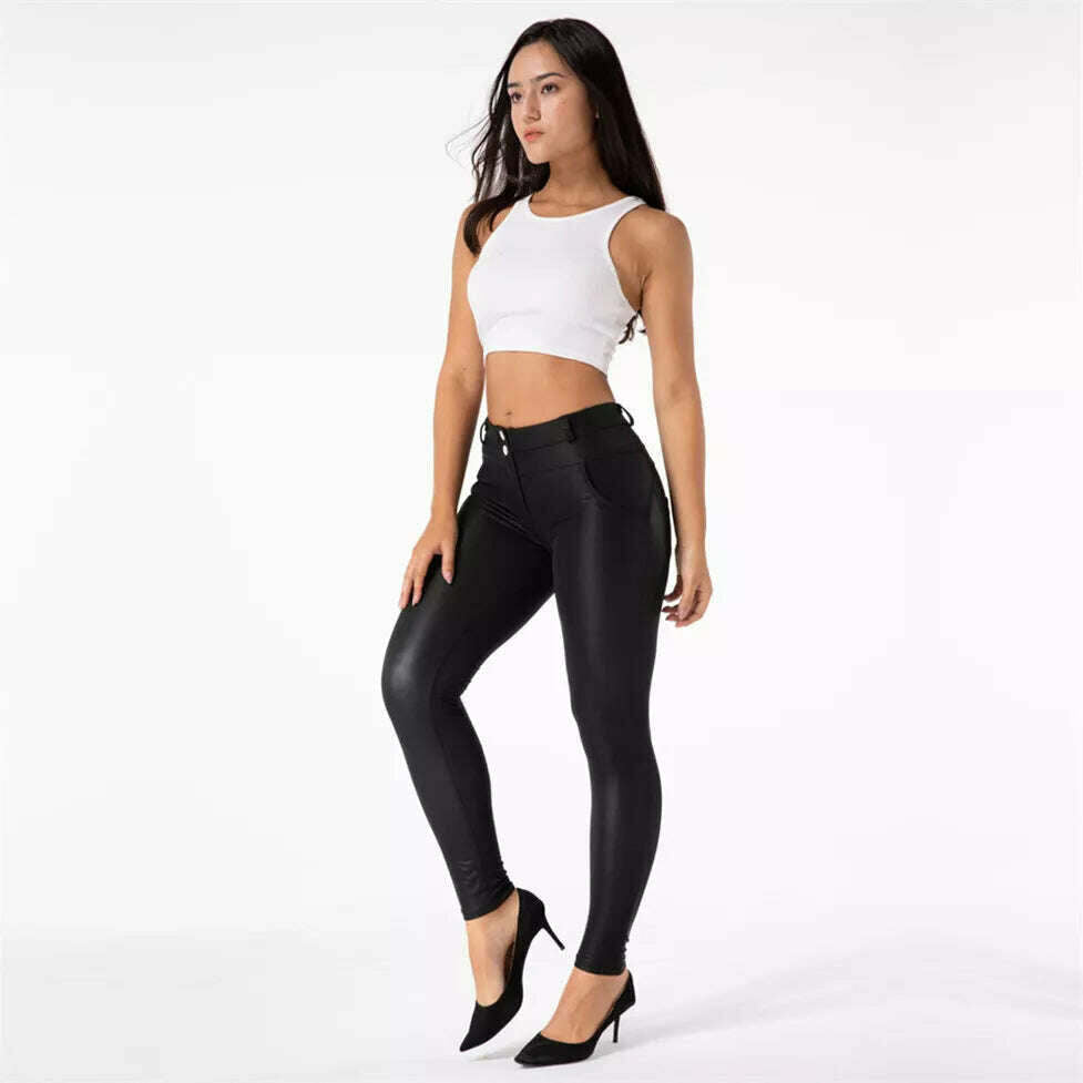 Shascullfites Melody Black Pleather Pants Womens Heat Fleece Lined Leggings Pu Skinny Push Up Trousers - KIMLUD