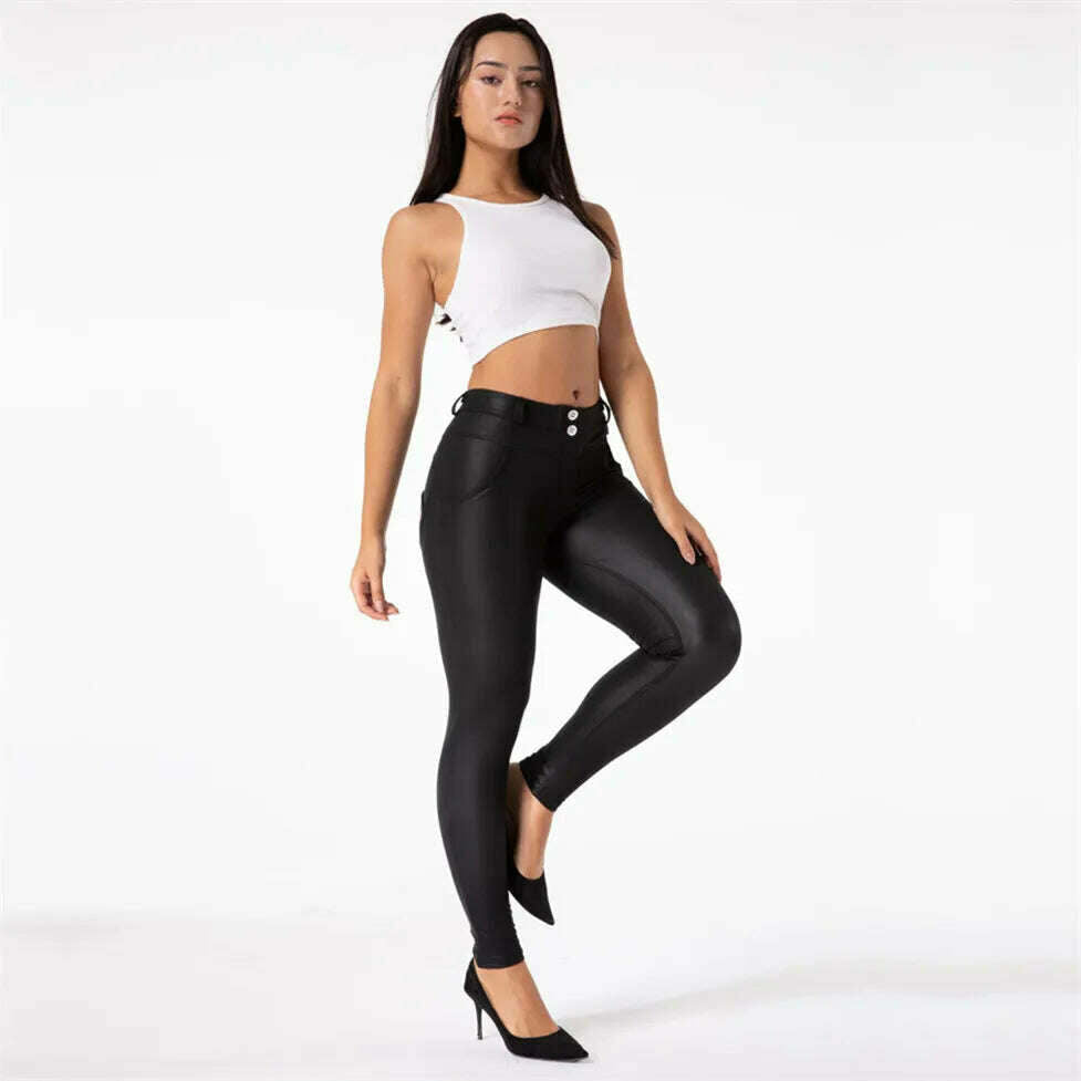 Shascullfites Melody Black Pleather Pants Womens Heat Fleece Lined Leggings Pu Skinny Push Up Trousers - KIMLUD