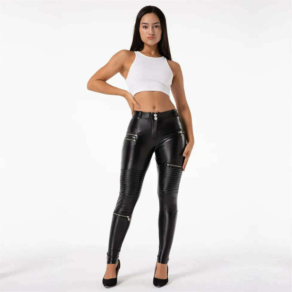 KIMLUD, Shascullfites Melody Black Skinny Leather Pants Womens Skin Tight with Zippers Pleated Push Up PU Pants Fall Winter, KIMLUD Women's Clothes