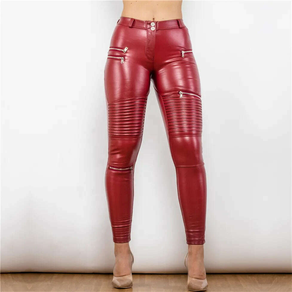 KIMLUD, Shascullfites Warm Biker Faux Leather Pants with Zipper Decoration Black / Burgundy Red Low Waist Pu leather for Women Motorbike, 921MRMLP / XS, KIMLUD Womens Clothes
