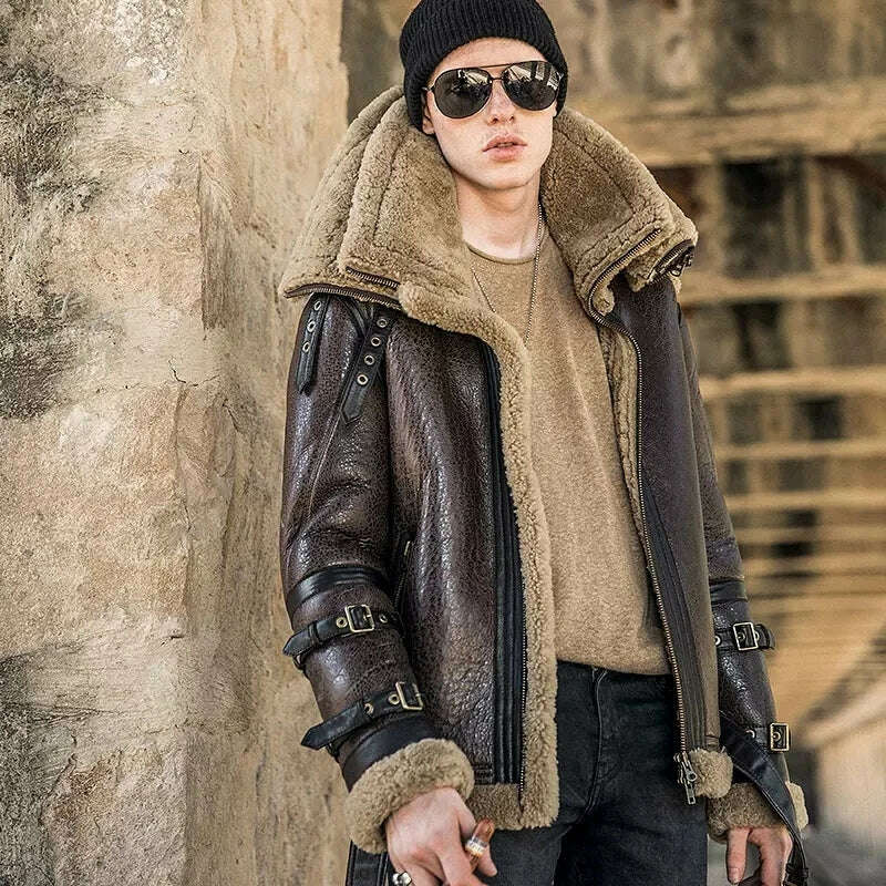 KIMLUD, Shearling Genuine Leather Coat Male B3 Bomber Jacket Aviator Outerwear Trench Flight Men Double Layer Thick Winter Short Jacket, Khaki / S, KIMLUD Women's Clothes