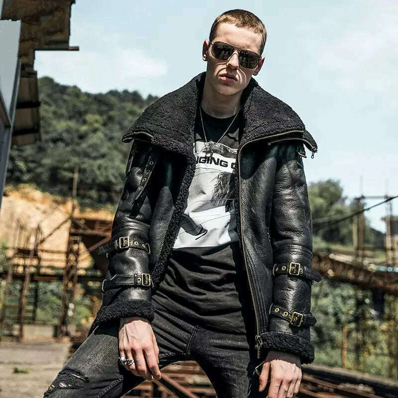 KIMLUD, Shearling Genuine Leather Coat Male B3 Bomber Jacket Aviator Outerwear Trench Flight Men Double Layer Thick Winter Short Jacket, black / S, KIMLUD Womens Clothes