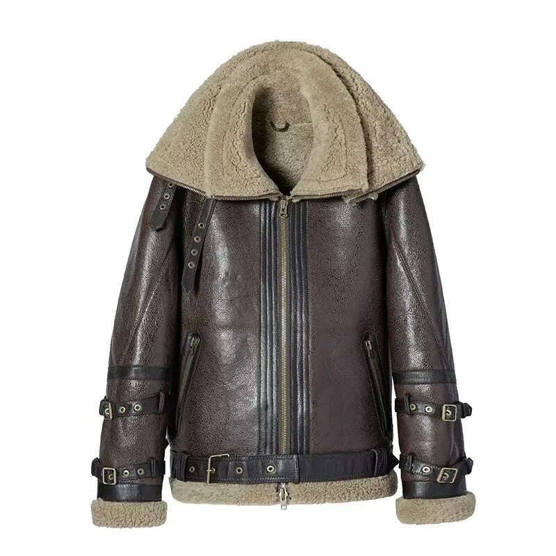 KIMLUD, Shearling Genuine Leather Coat Male B3 Bomber Jacket Aviator Outerwear Trench Flight Men Double Layer Thick Winter Short Jacket, KIMLUD Women's Clothes