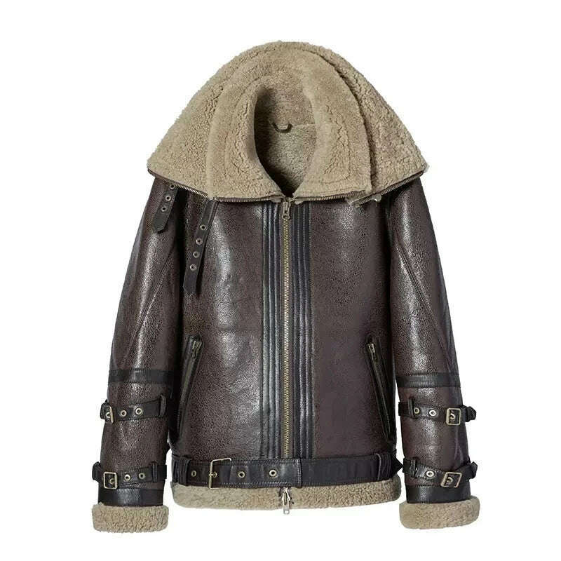 KIMLUD, Shearling Genuine Leather Coat Male B3 Bomber Jacket Aviator Outerwear Trench Flight Men Double Layer Thick Winter Short Jacket, KIMLUD Womens Clothes