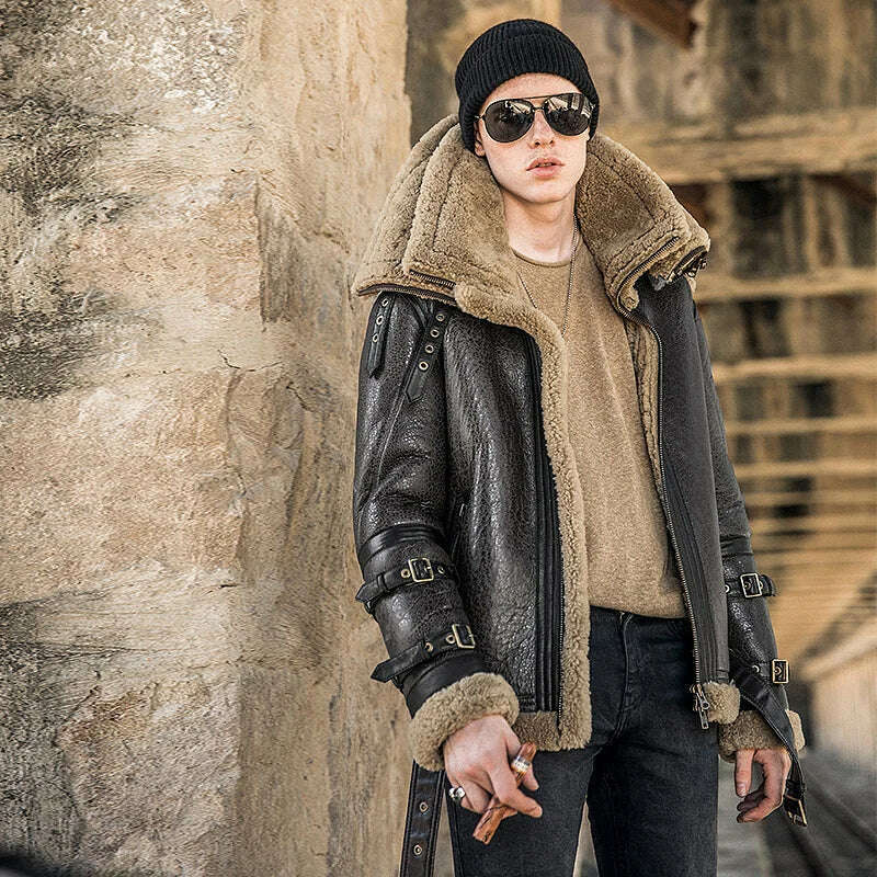 KIMLUD, Shearling Genuine Leather Coat Male B3 Bomber Jacket Aviator Outerwear Trench Flight Men Double Layer Thick Winter Short Jacket, KIMLUD Womens Clothes